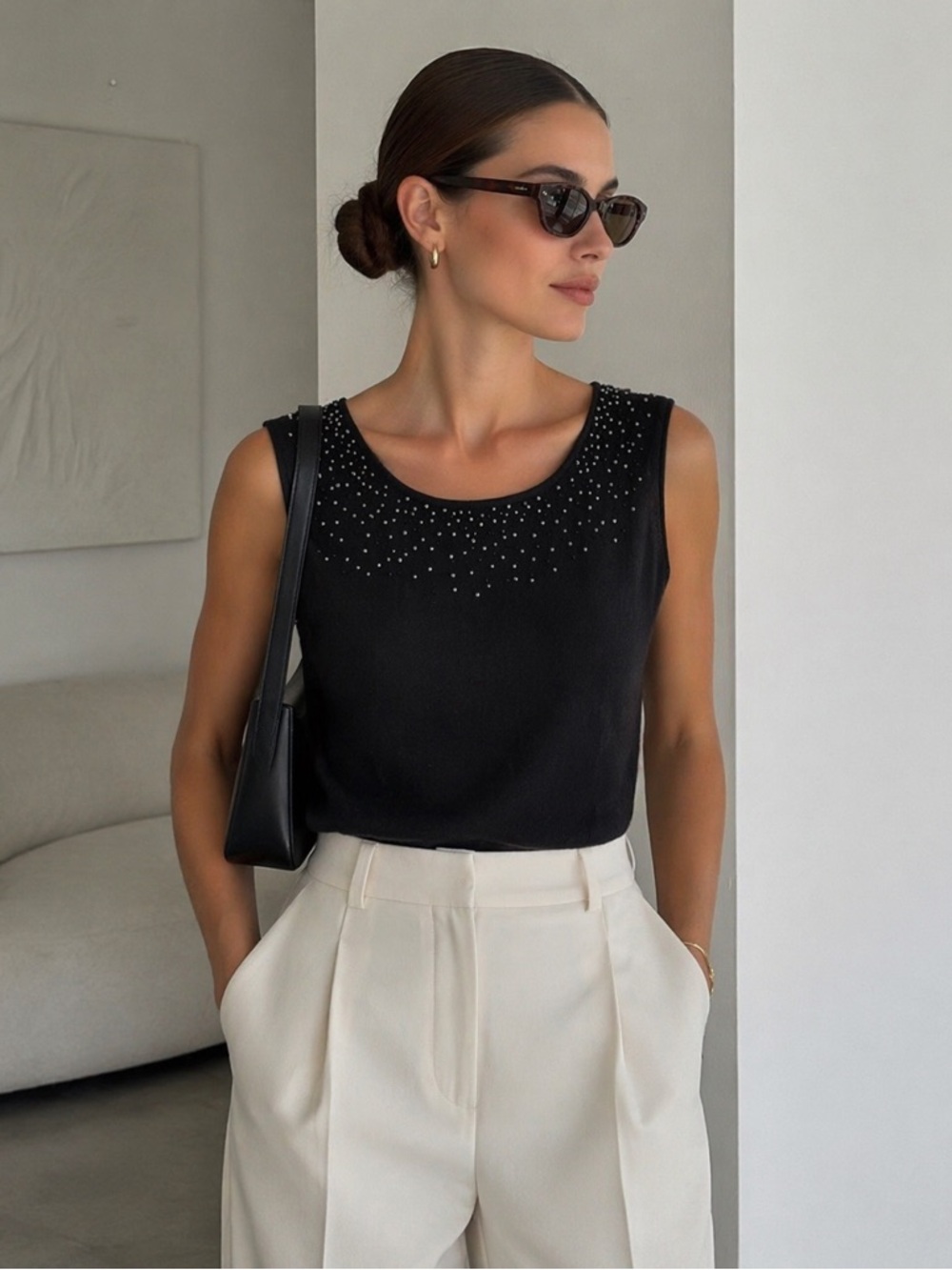 Liz Claiborne Black Silk Cashmere Blend Beaded Top Small Minimalist Quiet Luxury